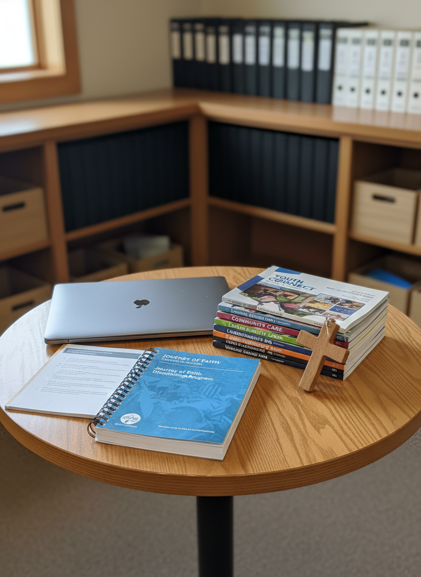 A circular wooden table hosts a carefully arranged assortment of ministry resources: a stack of colorful, professionally designed booklets about church ministries, a spiral-bound discipleship workbook, and a small, closed laptop with a brushed metal finish. Beside them, a simple wooden cross ornament leans gently against the stack of booklets. The table sits in a quiet corner of a church room, with built-in shelving in the softly blurred background holding neatly arranged binders and storage boxes. Soft overcast daylight pours in from a nearby window, creating even, natural lighting with minimal shadows. Captured from a slightly elevated, three-quarter angle in photographic realism, the composition emphasizes clarity and order, reflecting organized ministry activities and structured discipleship programs.
