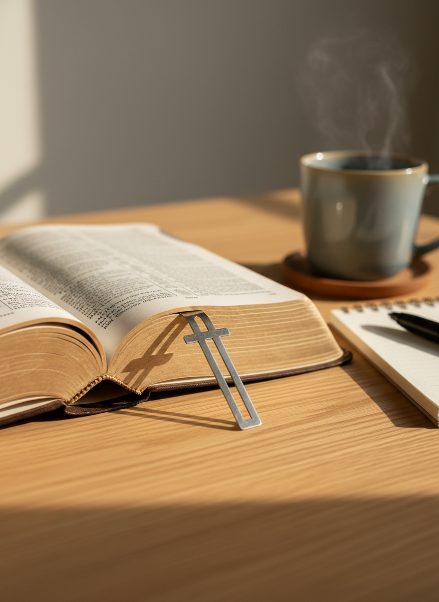 An open, well-worn leather Bible with gently curved pages lies on a smooth oak table, its thin, slightly yellowed pages forming a soft arc. A simple metal bookmark rests between chapters, catching a glint of light. Surrounding the Bible are a blank notebook, a capped pen, and a ceramic mug of tea, all slightly out of focus. Soft afternoon sunlight enters from the left through an unseen window, casting warm, diffused light and delicate shadows across the tabletop. Photographic realism with a shallow depth of field keeps the Bible in crisp focus while the background gently blurs. The mood is peaceful and contemplative, evoking personal devotion, discipleship, and time spent in God’s Word in a professional, inviting ministry setting.