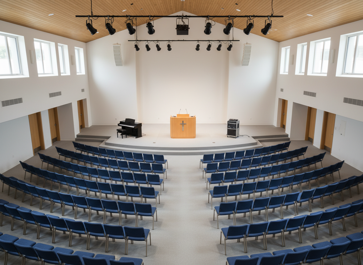An elevated, wide-angle photographic view of a contemporary church sanctuary shows an empty stage at the front, featuring a central wooden podium with a smooth, matte finish and a simple metal cross emblem. To one side sits a sleek digital piano, while the opposite side holds a modest sound equipment rack. Rows of cushioned chairs are arranged in gentle arcs facing the stage, all unoccupied. Overhead, discreet stage lighting fixtures are turned off, while natural daylight floods through high side windows, creating a soft, even glow over the entire room. The composition emphasizes symmetry and depth, with clean lines leading the eye toward the podium. The mood is anticipatory and reverent, suggesting corporate worship, preaching, and shared ministry without showing any people.