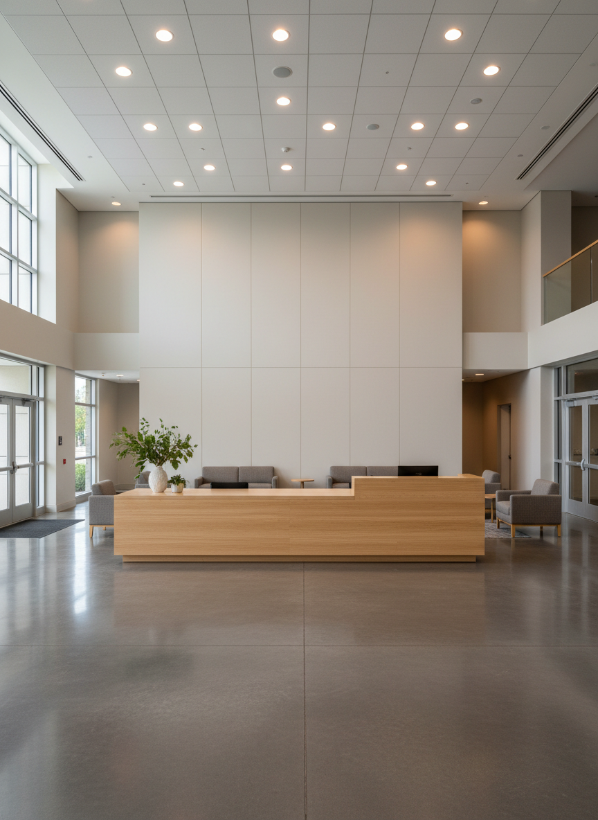 A clean, modern church lobby is depicted without people, featuring a wide welcome counter made of light wood with a smooth, matte finish and subtle grain. On the counter, a small arrangement of greenery in a simple white vase adds a touch of life. Behind the counter, a large blank wall panel is intentionally empty, serving as a placeholder for contact information or ministry announcements. Overhead, recessed lighting provides even, warm illumination that reflects softly off the polished concrete floor. The composition is photographed at eye level with sharp focus and balanced symmetry, giving a professional, organized impression. The atmosphere feels open, hospitable, and ready to receive guests, visually supporting the church’s commitment to hospitality and clear communication.