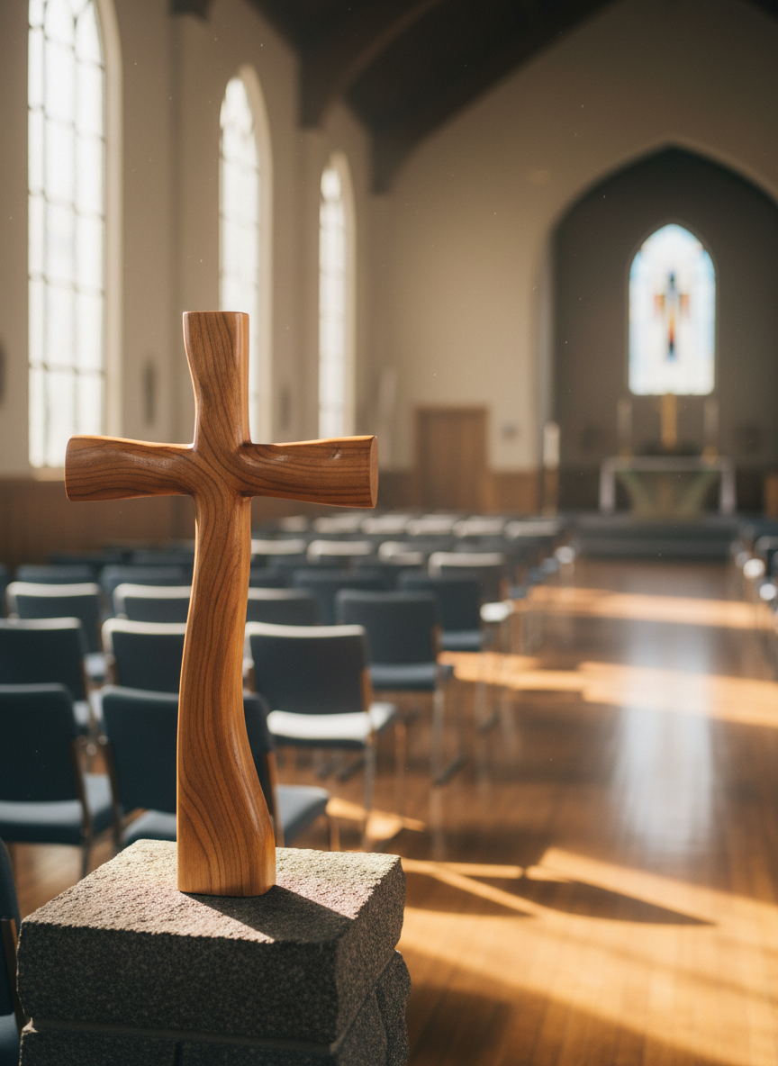 A polished wooden cross carved with subtle grain details stands prominently on a simple, dark stone pedestal at the front of a spacious church sanctuary. The background shows neat rows of empty upholstered chairs, soft navy and gray tones receding into a gentle blur. Warm morning light streams through tall, frosted windows, creating soft highlights along the edges of the cross and faint, elongated shadows on the floor. The atmosphere feels reverent, calm, and welcoming. Captured in photographic realism from a slightly low, centered angle, the composition uses the rule of thirds to place the cross just off-center, with sharp focus on the cross and a gradual bokeh toward the back of the room, conveying the church’s Christ-centered vision and mission.