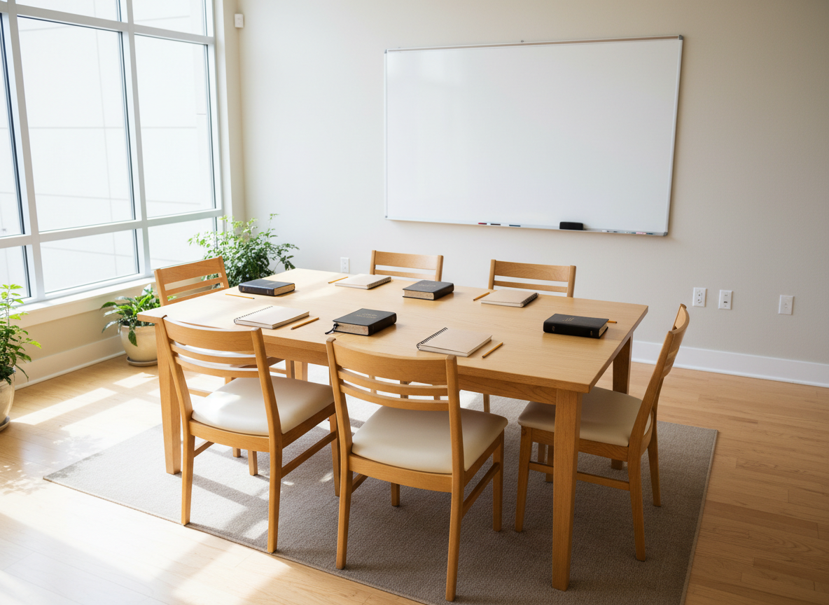 A bright, organized multi-purpose church room is shown set up for a discipleship class, with a central rectangular table made of light maple wood surrounded by evenly spaced, unoccupied chairs. On the tabletop, neatly arranged study materials include closed Bibles, simple notebooks, and pencils aligned parallel to the table edge. At the far end, a blank whiteboard with clean edges stands on the wall, acting as a placeholder for teaching notes or scriptures. Large windows along one side let in abundant natural daylight, casting soft, directional light and gentle shadows across the floor. Captured in photographic realism from a slightly elevated corner angle, the composition shows depth and order. The mood is purposeful, focused, and inviting, highlighting structured learning and intentional discipleship within the church.