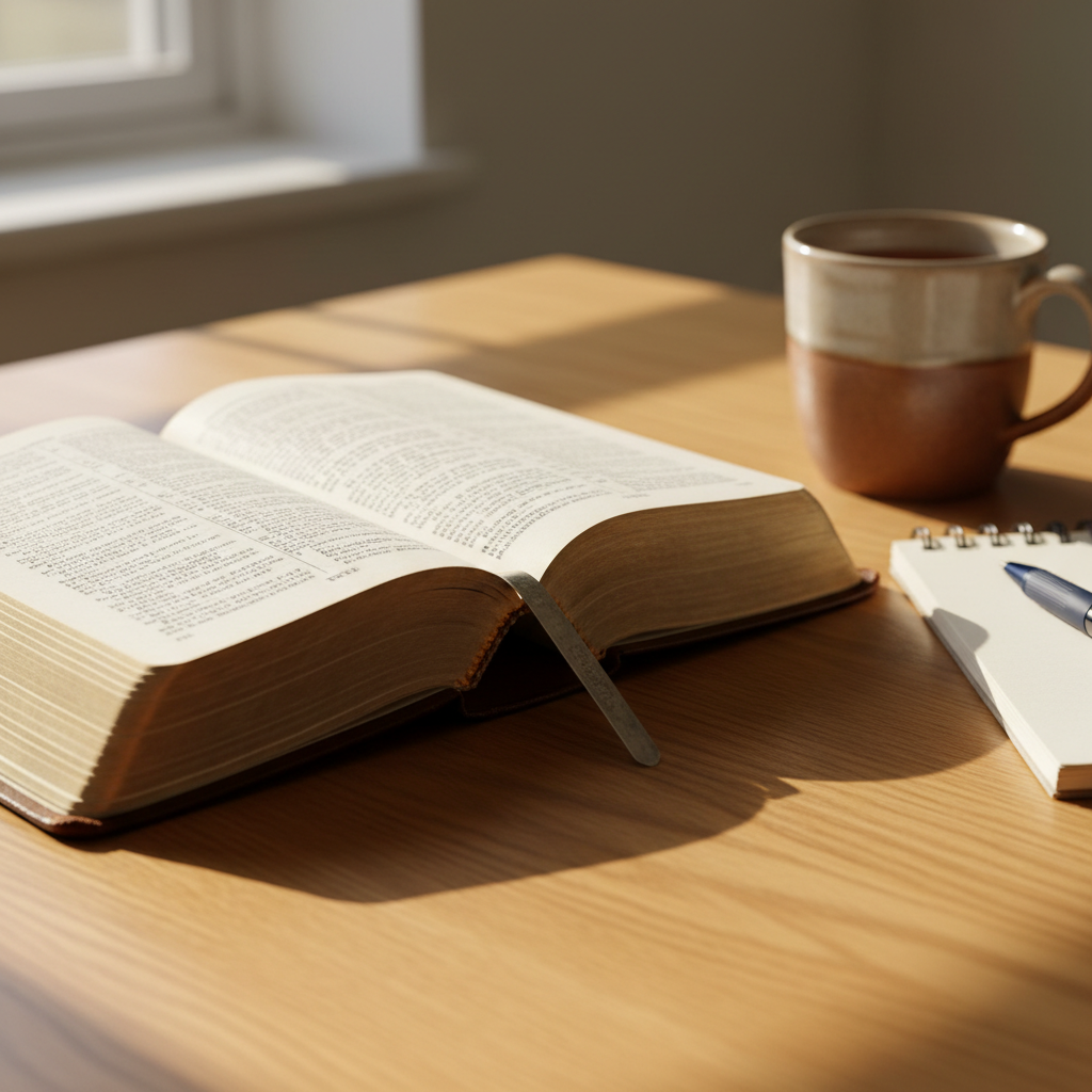 An open, well-worn leather Bible with gently curved pages lies on a smooth oak table, its thin, slightly yellowed pages forming a soft arc. A simple metal bookmark rests between chapters, catching a glint of light. Surrounding the Bible are a blank notebook, a capped pen, and a ceramic mug of tea, all slightly out of focus. Soft afternoon sunlight enters from the left through an unseen window, casting warm, diffused light and delicate shadows across the tabletop. The mood is peaceful and contemplative, evoking personal devotion, discipleship, and time spent in God's Word.