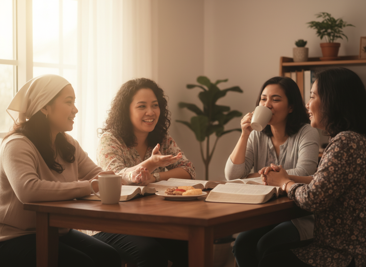 Candid warm photograph of a small group of Filipina women sitting together in fellowship, smiling, sharing conversation over open Bibles and coffee
