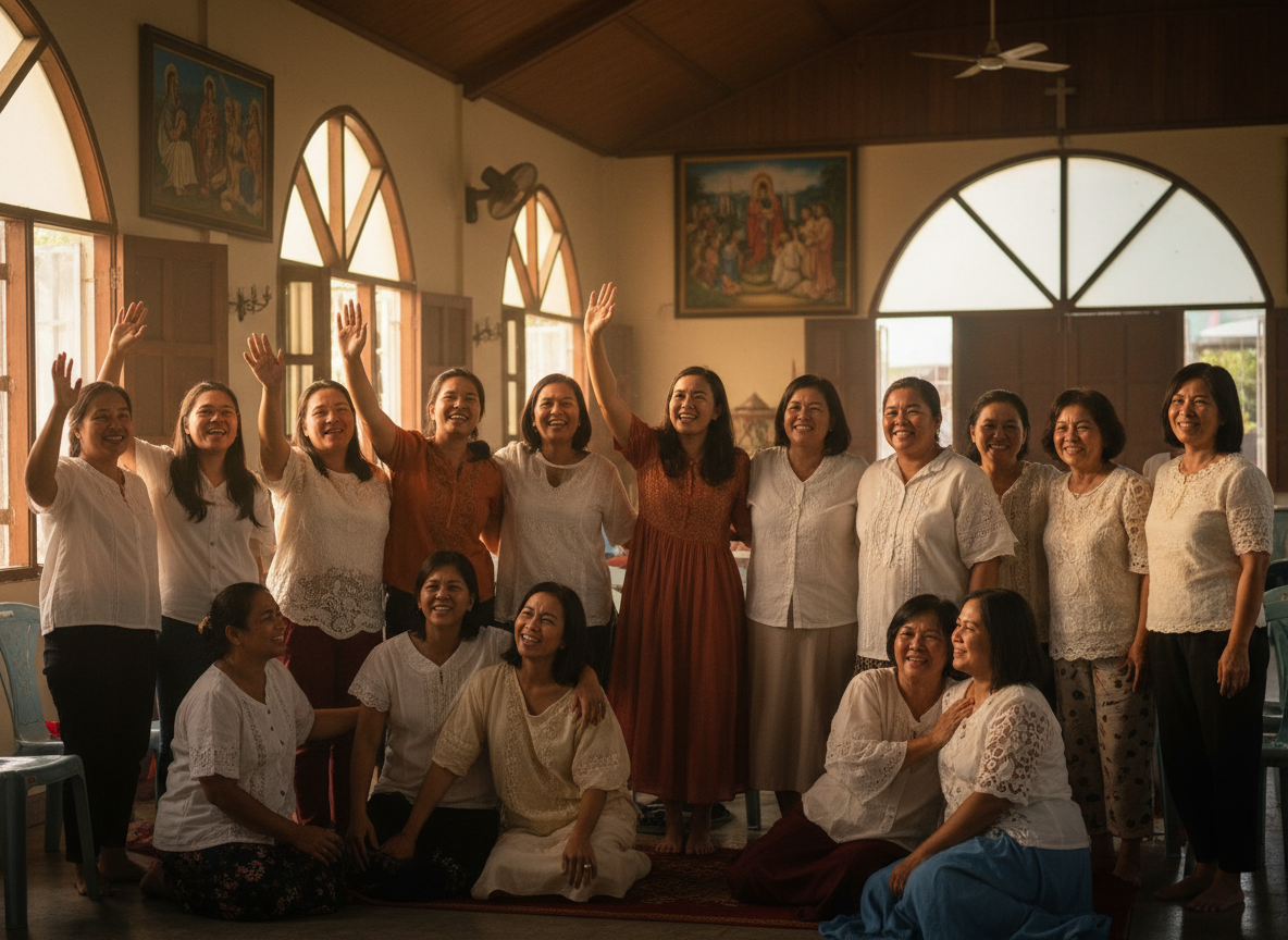 Warm, uplifting photograph of a diverse group of Filipina women gathered together in joyful worship and community, hands raised or embracing, soft golden natural light streaming in, church or community setting, warm and hopeful atmosphere