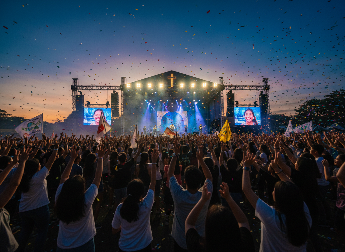 Dynamic high-energy wide photograph of a large crowd of diverse Filipino teenagers and young adults at an outdoor youth rally at dusk, hands raised in worship, silhouettes against dramatic sky with electric blue and vivid orange stage lights, confetti in the air, powerful sense of movement and faith, cinematic energy