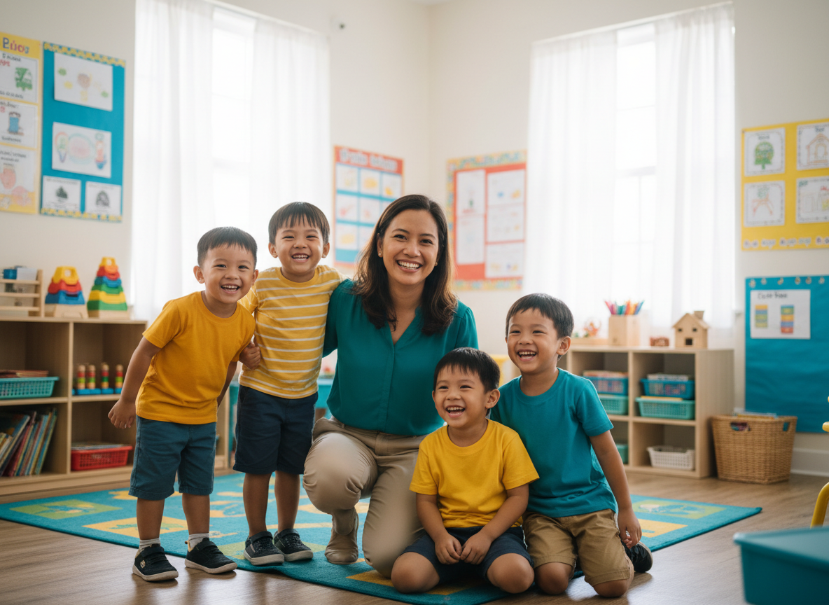 Warm professional photograph of a caring adult teacher kneeling and smiling with a small group of happy Filipino children in a bright colorful classroom, safe nurturing atmosphere, soft natural light, teal and yellow accents, professional photography