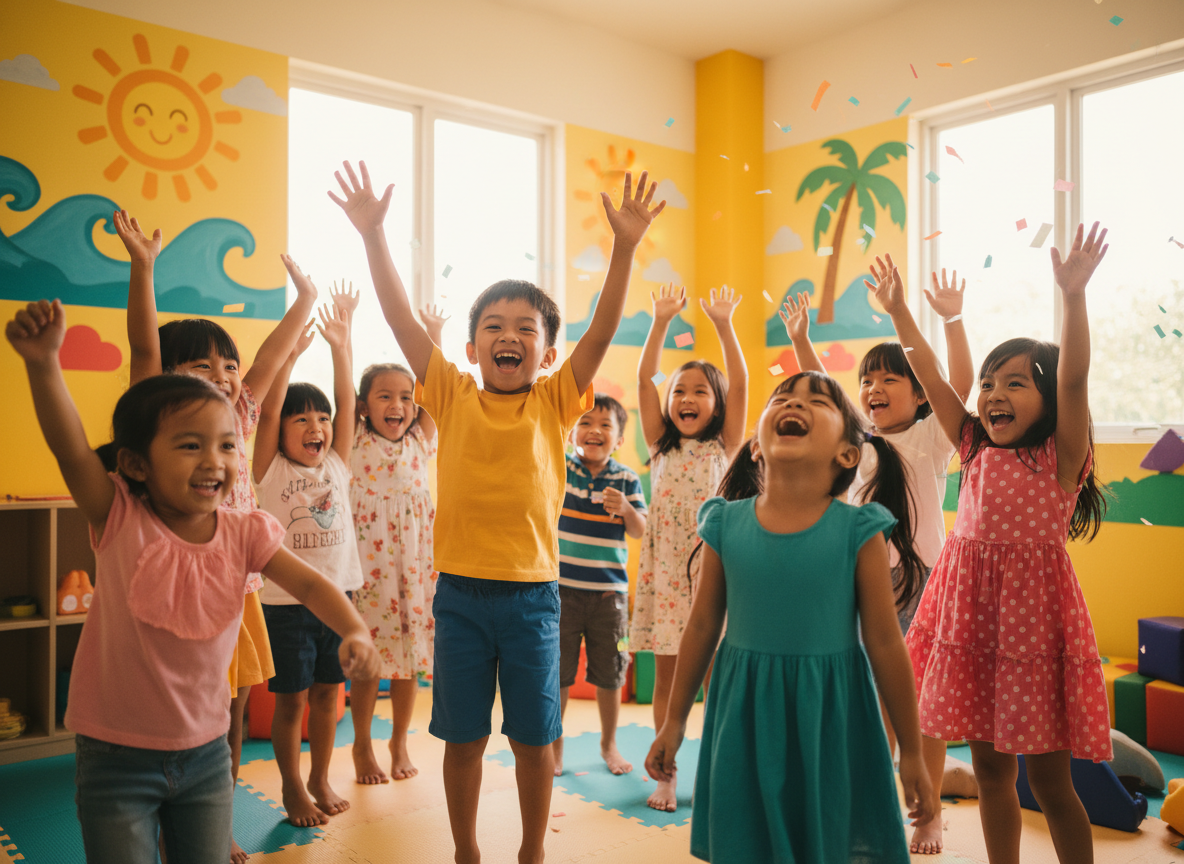 Bright, joyful photograph of a diverse group of happy Filipino children ages 3-12 laughing and playing together in a colorful, sunlit church kids room, arms up in celebration, cheerful energetic mood, vibrant yellow orange and teal tones, professional photography, warm and welcoming