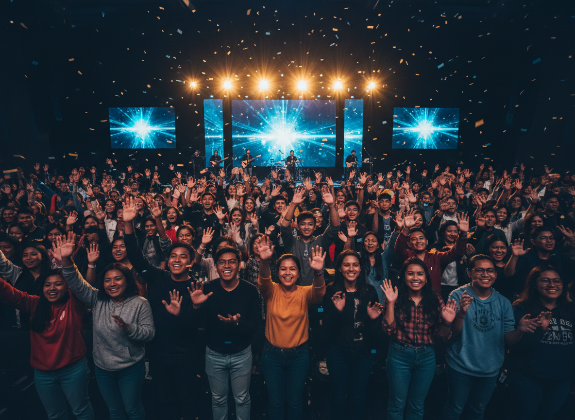Energetic photograph of a large group of joyful Filipino youth and young adults worshipping with hands raised at an indoor church youth gathering, warm stage lighting, deep navy and electric blue atmosphere with warm golden light glow