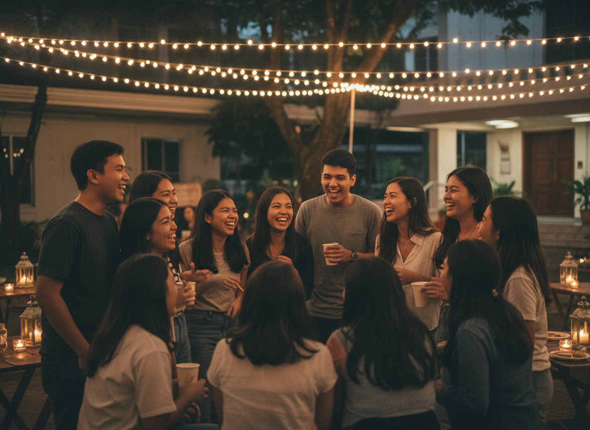 Warm candid photograph of Filipino young people gathered in a circle laughing and talking together at an evening church fellowship event, string lights and golden warm lighting