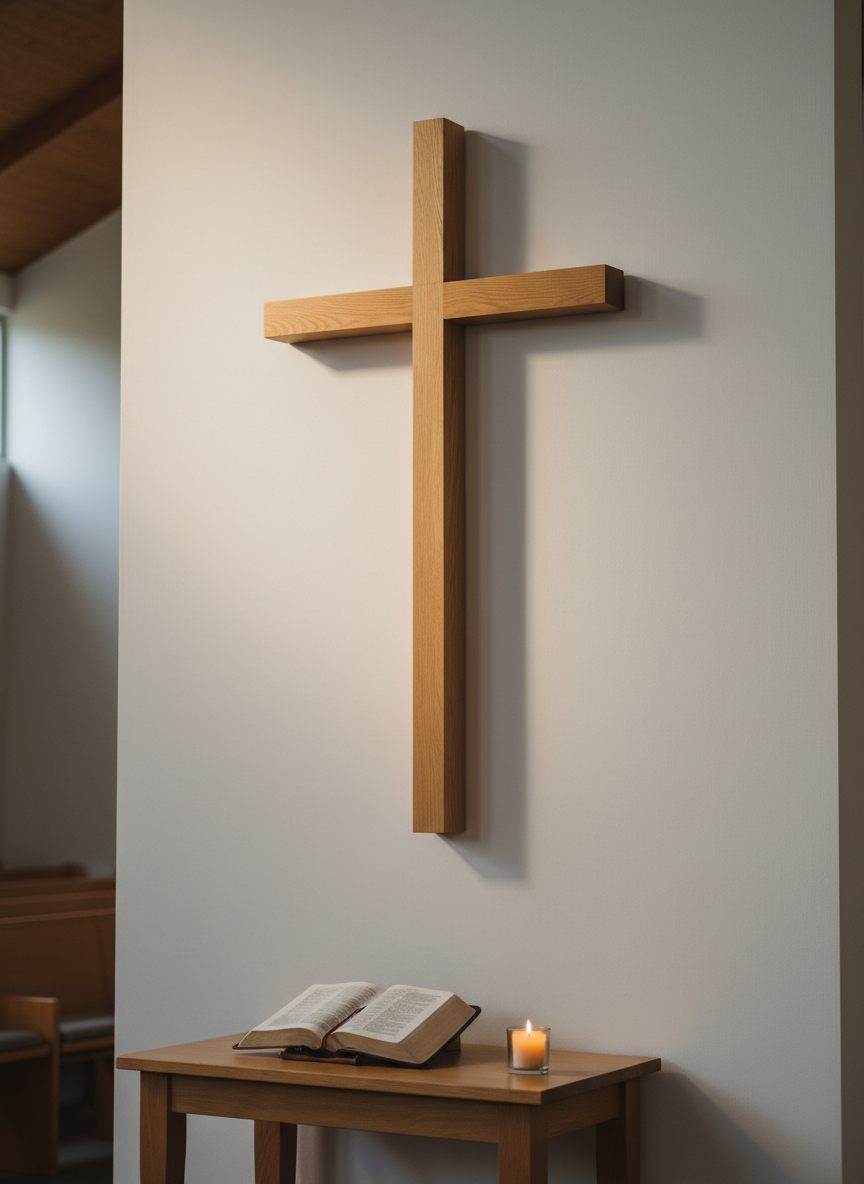 A serene, professional church interior showing a wooden cross mounted on a clean white wall, softly lit by warm directional lighting. In the foreground, an open Bible rests on a simple wooden table alongside a small candle. The composition evokes sacred purpose, mission, and commitment — suitable for a church mission statement section.
