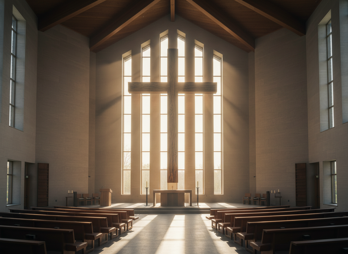 Sanctuary and cross at Alicia Alliance Church