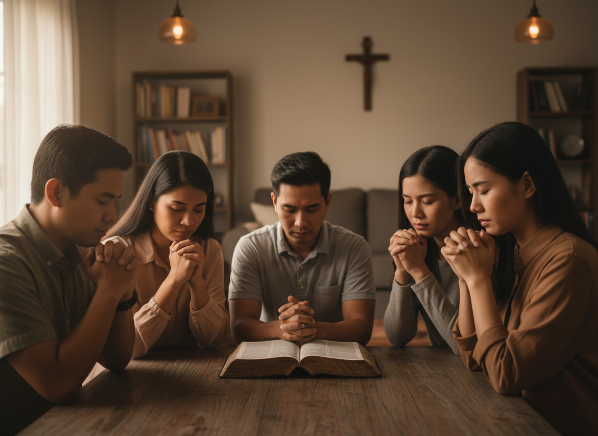 Filipino believers in prayer and fellowship at Alicia Alliance Church