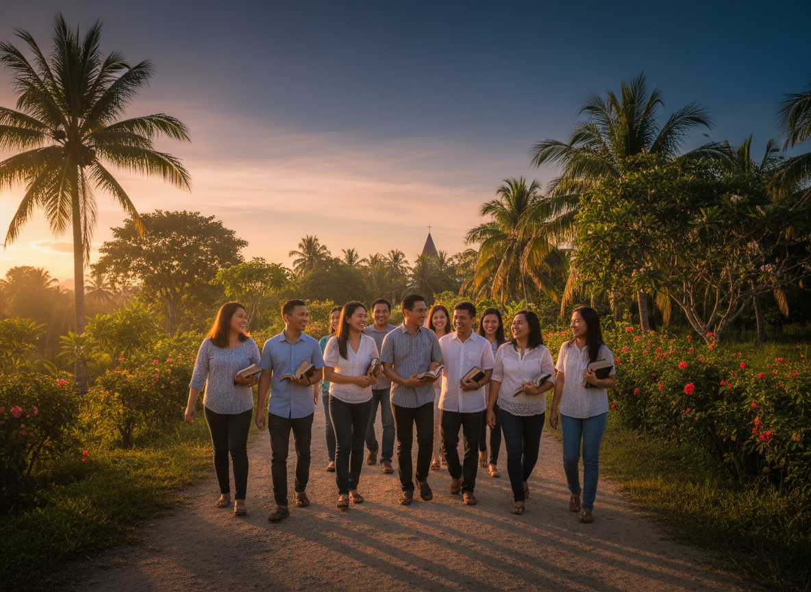 Filipino believers walking together on a sun-lit path in fellowship