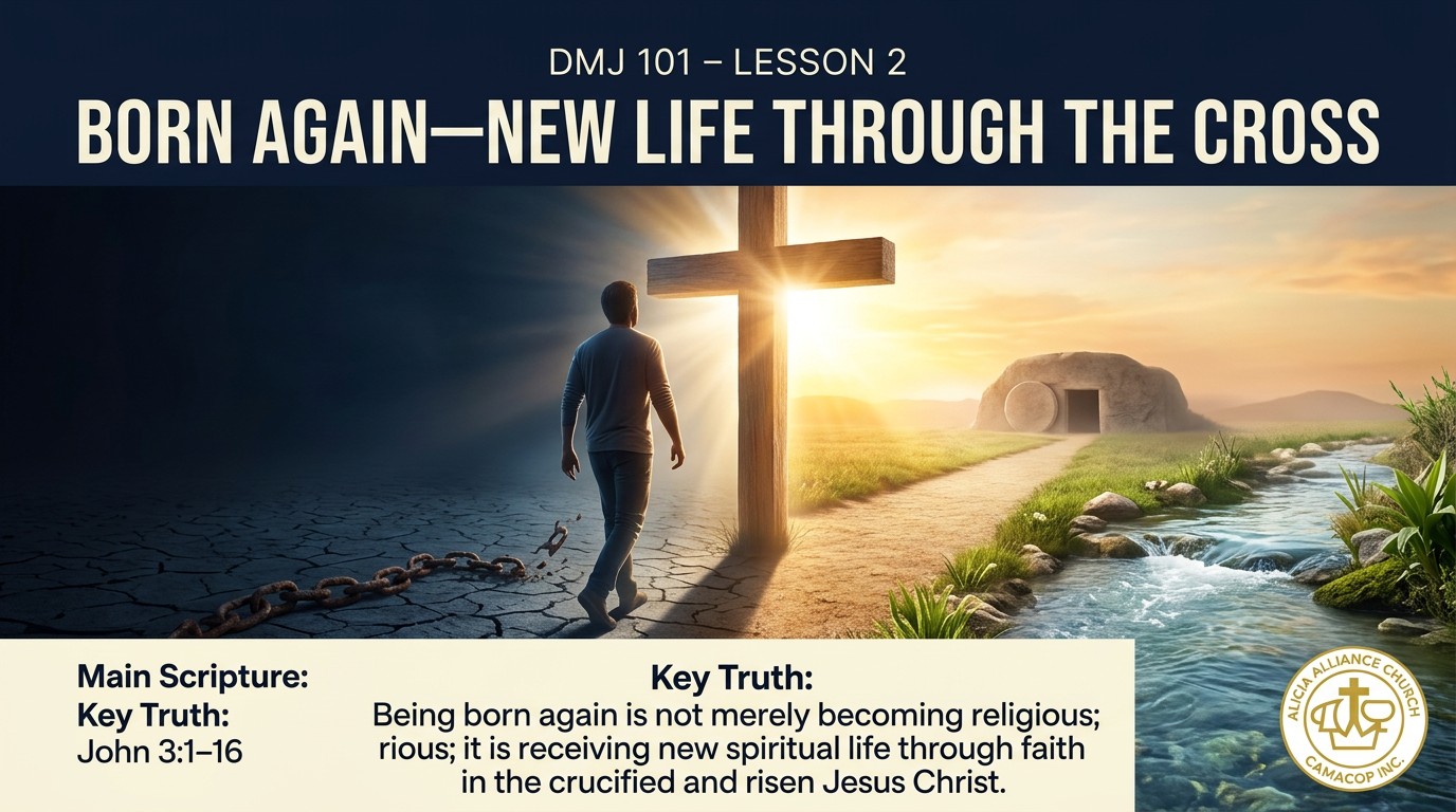 Cross-focused discipleship imagery for DMJ 101 Lesson 2 at Alicia Alliance Church
