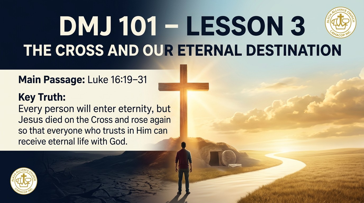 Cross-focused discipleship imagery for DMJ 101 Lesson 3 at Alicia Alliance Church