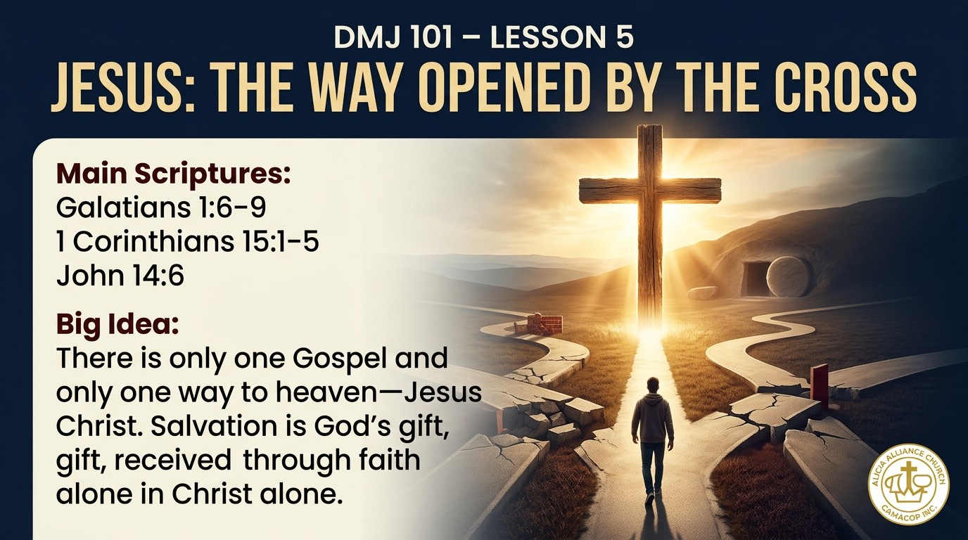 Cross-focused discipleship imagery for DMJ 101 Lesson 5 at Alicia Alliance Church